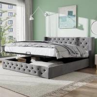 Cama tapizada con cajón hidráulico y somier, sin colchón, 140×200 cm, Gris(m-2)