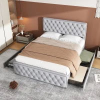 Polsterbett mit hydraulischem Bettkasten und drei Schubladen, Lattenrost mit Kopfteil, ohne Matratze, 180×200 cm, Hellgrau(m-5)