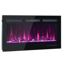 Chimenea eléctrica de pared y empotrable, juego de cristales y madera, control remoto y pantalla táctil, 106,5×46,5×12 cm, negro