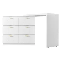 Vanity Table with 6 Storage Drawers, Rotating Top, Gold Handles, Dressing Table with Shock-Resistant Corners, 136.5L x 40W x 73H cm, White(m-12)