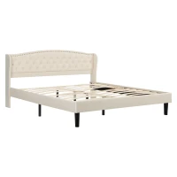 Cama acolchada suave con cabecero aterciopelado y decoración de botones, placas de madera estables, sin colchón, 140×200 cm, Beige(m-11)