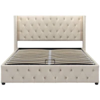 Cama tapizada con cajón hidráulico y somier, sin colchón, 140×200 cm, Beige(m-1)