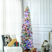 HOMCOM 7' Artificial Prelit Christmas Trees Holiday Décor with Colourful LED Lights, Flocked Tips, Berry, Pine Cone(m-2)