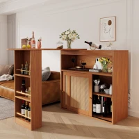 Mesa de bar extensible con almacenamiento, tejido de ratán en las puertas, estantes ajustables, 138-193×39×104 cm, Marrón(m-2)