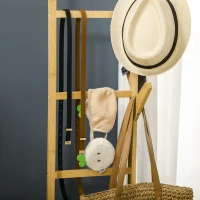 HOMCOM Suporte para Cabides de Bambu com Rodas Porta Cabides Multifuncional com 6 Ganchos Barra e Prateleira 100x37x191 cm Madeira(m-8)