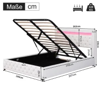 Polsterbett mit Lattenrost und Stauraum, LED-Beleuchtung, ohne Matratze, 160 x 200 cm, Weiß(m-3)
