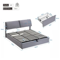 Lit rembourré avec coffre de rangement hydraulique et trois tiroirs, sommier à lattes, sans matelas, 160x200 cm, Gris(m-3)