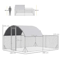 PawHut Galinheiro de Exterior Grande para 10-12 Galinhas de Aço Galvanizado com 2 Ambientes 380x280x195cm Prata(m-3)