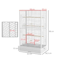PawHut Gaiola para Pássaros 61x36,5x98 cm com Portas Poleiros Bandeja Removível e Alças para Canários Periquitos Branco(m-3)