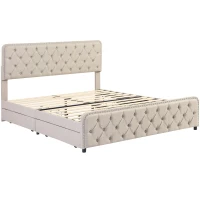 Letto imbottito con fibbia a forma di  diamante progettate e rivetti, quattro cassetti, senza materasso, 180×200 cm, Beige(m-9)
