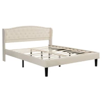 Letto imbottito morbido con testiera in velluto e decorazione con bottoni, senza materasso, 160×200 cm, Beige(m-8)