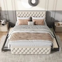 Letto imbottito con fibbia a forma di  diamante progettate e rivetti, quattro cassetti, senza materasso, 180×200 cm, Beige(m-5)