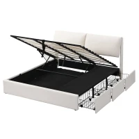 Lit rembourré avec coffre de rangement hydraulique et trois tiroirs, sommier à lattes, sans matelas, 180×200 cm, Blanc(m-10)