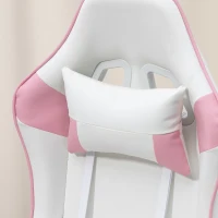 HOMCOM Cadeira Gaming Reclinável com Almofada Lombar Apoio de Cabeça Basculante e Altura Ajustável 67x60x120-128 cm Branco e Rosa(m-9)