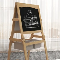 AIYAPLAY Kids Easel with Paper Roll, 3 in 1 Art Easel for Toddlers, Double-Sided Kids Whiteboard Blackboard with Storage Baskets for Ages 3-6 Years - Natural Wood Finish(m-9)
