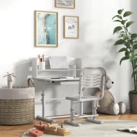 ZONEKIZ Height Adjustable Kids Study Table and Chair Set, with Drawer, Storage Shelf, 80 x 54.5 x 104 cm, Grey(m-10)