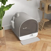 PawHut Hooded Cat Litter Box, Kitten Litter Tray, with Lid, Scoop, Filter, Flap Door, Light Grey(m-9)