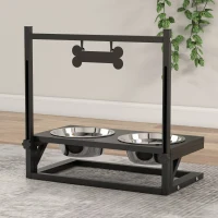 PawHut Comedouro Elevado para Cães com 2 Tigelas Altura Ajustável e 1 Peça de Metal com Formato de Osso 40,5x22x39 cm Preto(m-8)