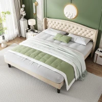 Letto imbottito morbido con testiera in velluto e decorazione con bottoni, senza materasso, 160×200 cm, Beige(m-1)