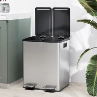 HOMCOM Balde de Lixo de Cozinha com 2 Compartimentos 2x20L Pedal Tampa de Fechamento Suave e Cubo Amovível Prata(m-9)