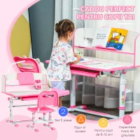 HOMCOM Set Bancă și Scaun pentru Copii 6-12 Ani, Reglabile pe Înălțime cu Blat Înclinabil la 45°, 80x54,5x82-104 cm, Roz(m-4)