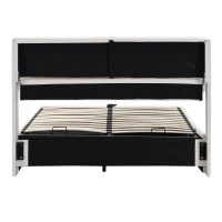 Cama tapizada con canapé hidráulico y tres cajones, somier con cabecero, sin colchón, 140x200 cm, Blanco(m-12)