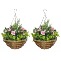Outsunny Conjunto de 2 Plantas Lisianthus Suspensas Artificiais para Interior e Exterior com Vaso e Vime e Correia Ø25x34 cm Rosa e Verde(m-10)