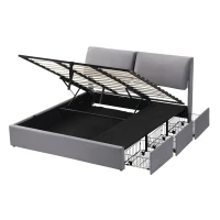 Polsterbett mit hydraulischem Bettkasten und drei Schubladen, Lattenrost mit Kopfteil, ohne Matratze, 180×200 cm, Grau(m-10)