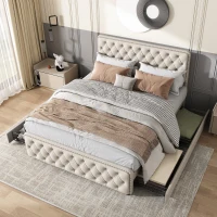 Letto imbottito con fibbia a forma di  diamante progettate e rivetti, quattro cassetti, senza materasso, 180×200 cm, Beige(m-1)