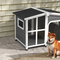 PawHut Casa para Cães de Madeira com Teto Abatível Porta com Cortina e Fundo Amovível 101x66,5x70,5cm Cinza Escuro(m-9)