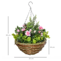Outsunny Conjunto de 2 Plantas Lisianthus Suspensas Artificiais para Interior e Exterior com Vaso e Vime e Correia Ø25x34 cm Rosa e Verde(m-3)