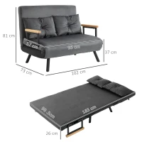 HOMCOM Canapea Pat de 2 Locuri cu Spătar Reglabil pe 5 Nivele și 2 Perne din Material Capitonat, 102x73x81 cm, Gri Închis(m-3)