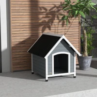PawHut Casota para Cães 75x88x82 cm Casa para Cães com Telhado de Telhas de Imitação Pés Elevados e Chão Removível para Exterior Cinza(m-8)