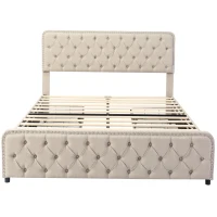 Polsterbett mit höhenverstellbarem Kopfteil und vier Schubladen, ohne Matratze, 180×200 cm, Beige(m-9)