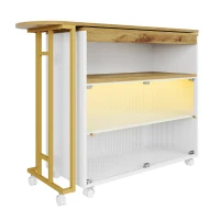 Mesa de bar extensible con almacenamiento, Mesa de bar moderna con LED, Mesa alta móvil con puertas correderas, 138-204×39×105 cm, Blanco(m-11)