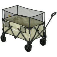 Outsunny Folding Garden Trolley, 180L Wagon Cart with Extendable Side Walls, for Beach, Camping, Festival, Khaki(m-1)