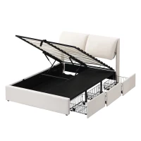 Polsterbett mit hydraulischem Bettkasten und drei Schubladen, Lattenrost mit Kopfteil, ohne Matratze, 140x200 cm, Weiß(m-9)