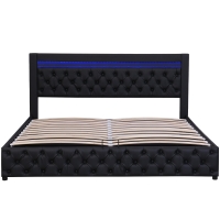 Cama tapizada con somier y espacio de almacenamiento, iluminación LED, sin colchón, 140 x 200 cm, Negro
