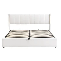 King Size Bed with Storage and Adjustable Headboard, LED Bed Base with USB Port, 201L x 151W x 103H cm, White(m-2)