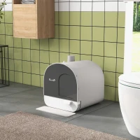 PawHut Hooded Cat Litter Box, Kitten Litter Tray, with Lid, Scoop, Filter, Flap Door, Light Grey(m-10)