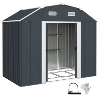 Outsunny Abrigo de Jardim 2,7 m² 238x132x198,5 cm com Base Prateleiras Ajustáveis 2 Portas e 2 Janelas de Ventilação Cinza Escuro(m-4)