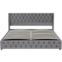 Cama tapizada con cajón hidráulico y somier, sin colchón, 140×200 cm, Gris(m-1)