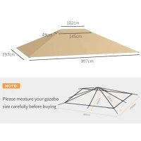 Outsunny 3 x 4m Gazebo Canopy Replacement Cover, Gazebo Roof Replacement (TOP COVER ONLY), Khaki(m-3)