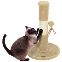 PawHut Cat Scratching Post for Indoor Cats, 47cm Tall Cat Scratcher with Jute Sisal Rope, Hanging Toy Ball, Feather, Brown(m-1)