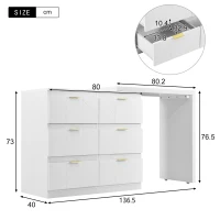 Vanity Table with 6 Storage Drawers, Rotating Top, Gold Handles, Dressing Table with Shock-Resistant Corners, 136.5L x 40W x 73H cm, White(m-3)