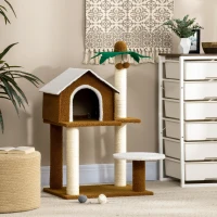 PawHut Árvore Arranhador para Gatos com Casa de Pelúcia Plataforma Poste em Forma de Coqueiro de Sisal 55x40x89cm Marrom(m-8)