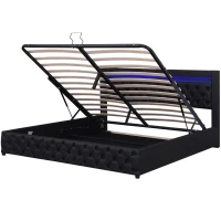 Cama tapizada con somier y espacio de almacenamiento, iluminación LED, sin colchón, 140 x 200 cm, Negro(m-10)