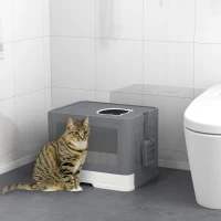 PawHut Enclosed Cat Litter Box with lid, Front Entry, Top Exit, Drawer, Tray, Scoop, Brush, 48.5 x 38 x 36.5cm - Grey(m-10)