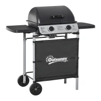 Outsunny Barbecue a Gás com 2 Queimadores 2,8 KW 2 Rodas 2 Mesas Laterais e Grelhas de Aço para Piquenique Campismo 104x49x99 cm Preto(m-10)