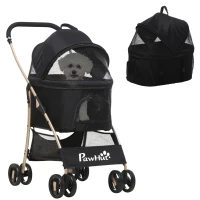 PawHut Carrinho para Animais de Estimação 3 em 1 Dobrável com Bolsa de Transporte Cesta de Armazenamento e Travão 82x49,5x98cm Preto(m-10)